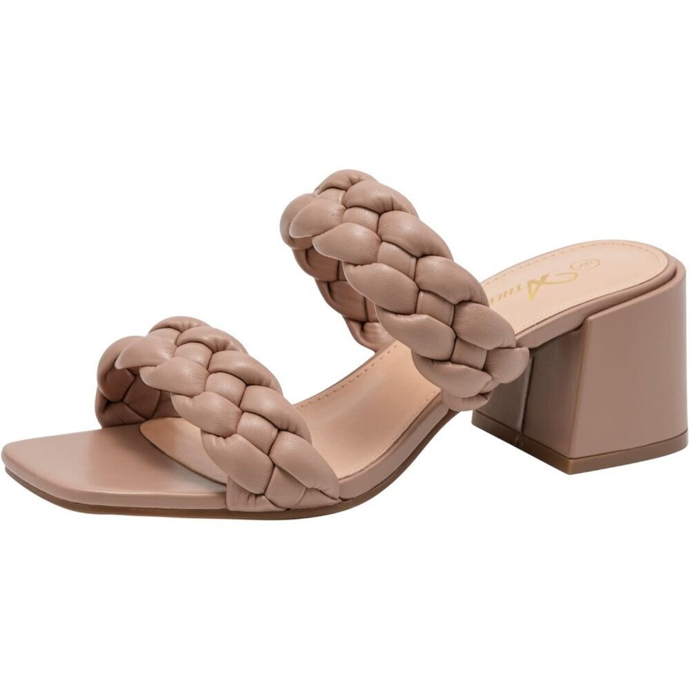 Athlefit Block Heels Khaki Leather Women's Open Toe Square Backless Sandals